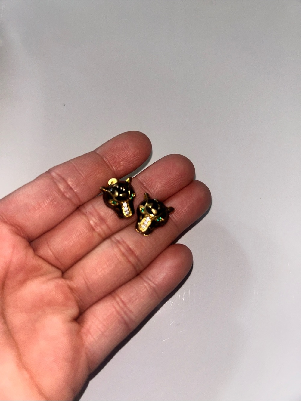 Gold and Black Panther Face Stud Earrings with Green Eye Accents